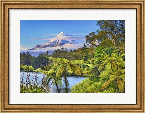 Framed Taranaki Mountain and Lake Mangamahoe, New Zealand Print