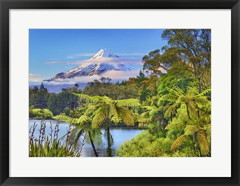 Framed Taranaki Mountain and Lake Mangamahoe, New Zealand Print