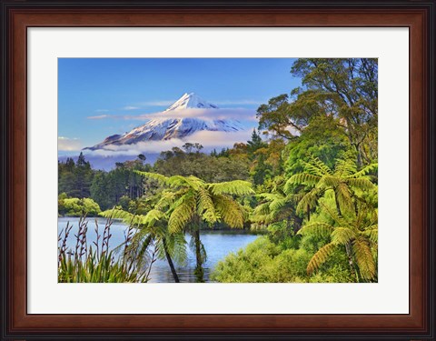 Framed Taranaki Mountain and Lake Mangamahoe, New Zealand Print