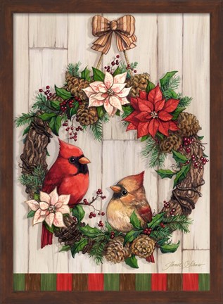 Framed Christmas Cardinal Wreath Print