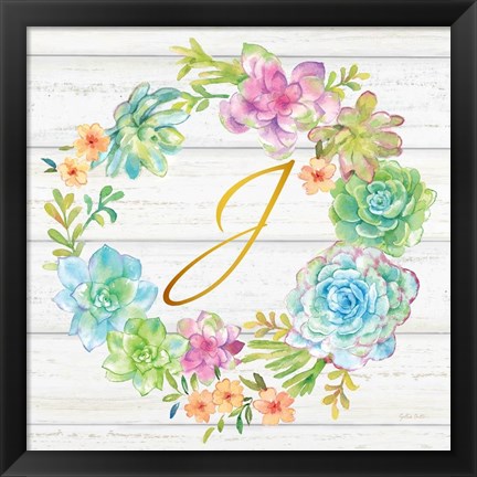 Framed Sweet Succulents Wreath Monogram J gold Print