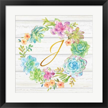 Framed Sweet Succulents Wreath Monogram J gold Print