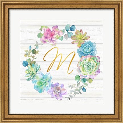 Framed Sweet Succulents Wreath Monogram M gold Print