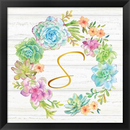 Framed Sweet Succulents Wreath Monogram S gold Print