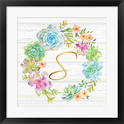 Framed Sweet Succulents Wreath Monogram S gold Print