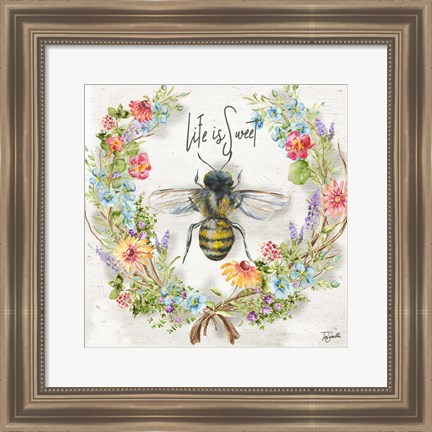 Framed Honey Bee and Herb Blossom Wreath I Print