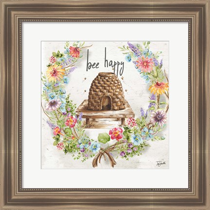 Framed Honey Bee and Herb Blossom Wreath II Print