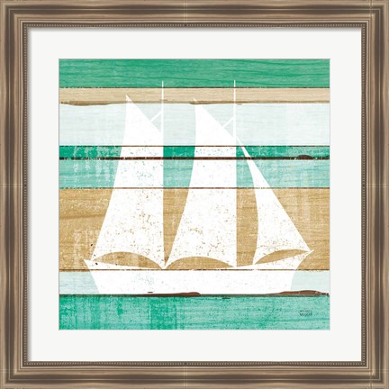 Framed Beachscape V Boat Green Print