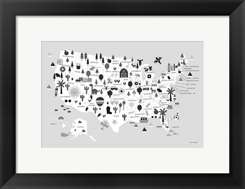 Framed Fun USA Map BW Print