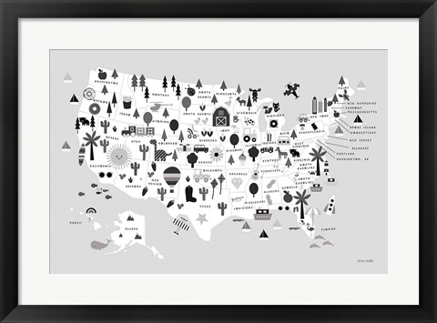 Framed Fun USA Map BW Print