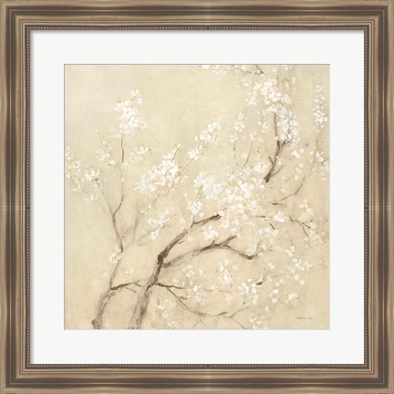 Framed White Cherry Blossoms II Linen Crop Print