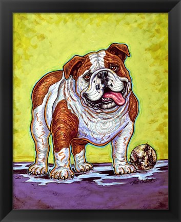 Framed Bulldog and Baseball Print