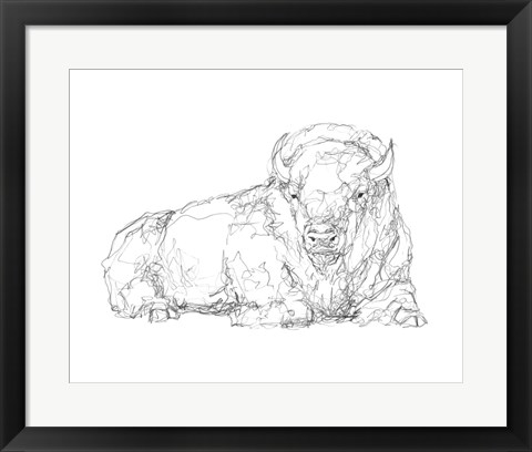 Framed Bison Contour Sketch I Print