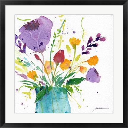 Framed Teal Vase With Bright Flowers Print