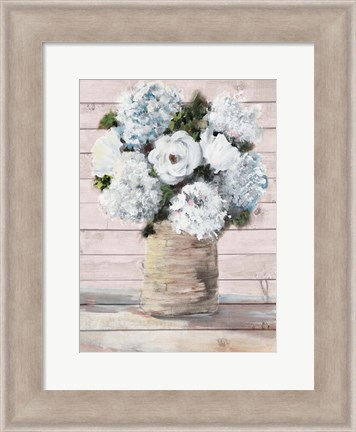 Framed White and Blue Rustic Blooms Print