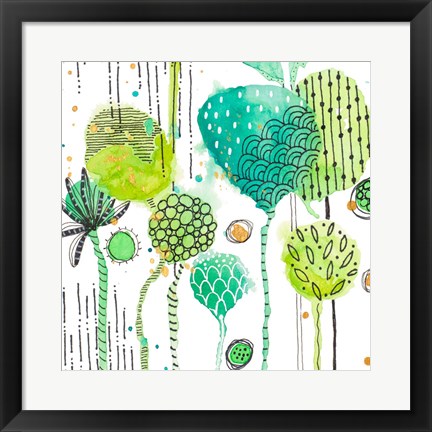 Framed Green Stamped Leaves Square I Print