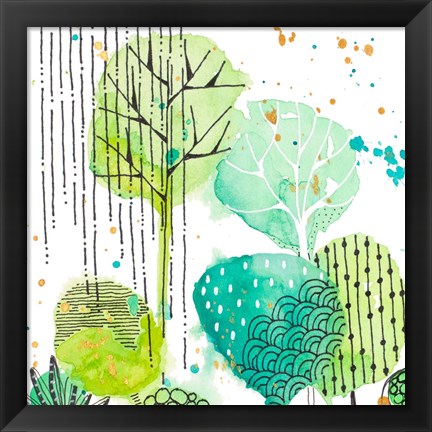 Framed Green Stamped Leaves Square II Print