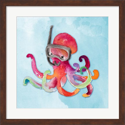 Framed Snorkeling Octopus on Watercolor Print