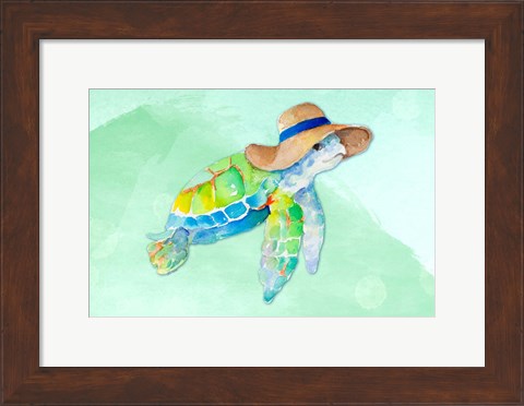 Framed Turtle With Hat on Watercolor (blue) Print