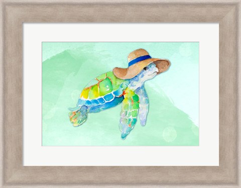 Framed Turtle With Hat on Watercolor (blue) Print