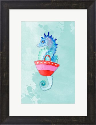 Framed Seahorse With Bag on Watercolor (blue) Print