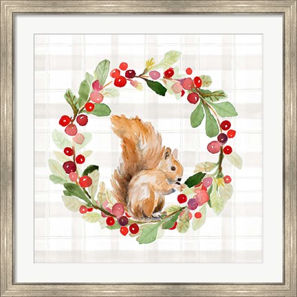 Framed Holiday Woodland Wreath on Plaid II Print