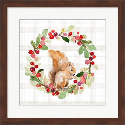 Framed Holiday Woodland Wreath on Plaid II Print