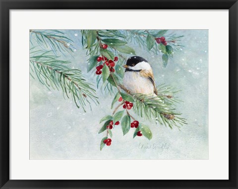 Framed Gray-Headed Chickadee On Holly Print