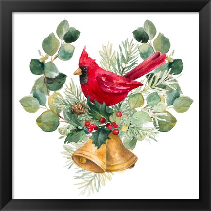 Framed Northern Cardinal On Holiday Bells Print