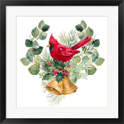 Framed Northern Cardinal On Holiday Bells Print