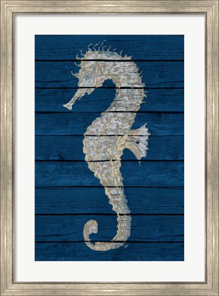 Framed Antique Seahorse on Blue II Print