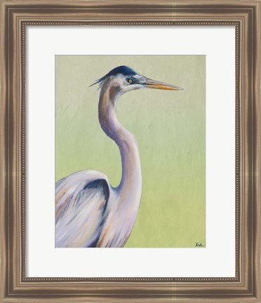 Framed Blue Heron on Green I Print