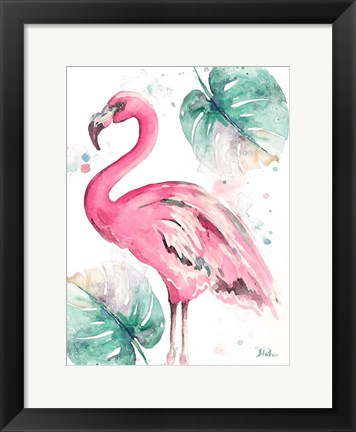 Framed Watercolor Leaf Flamingo I Print