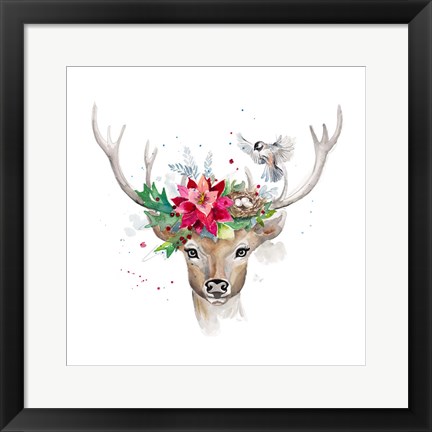 Framed Woodland Deer with Bird Print