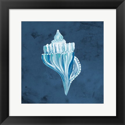 Framed Azul Dotted Seashell on Navy I Print