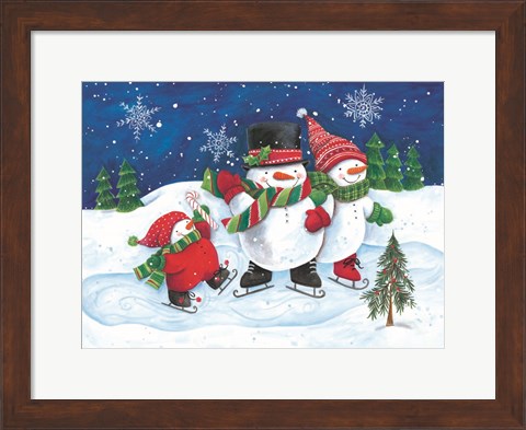 Framed Happy Snowmen Family on Skates Print