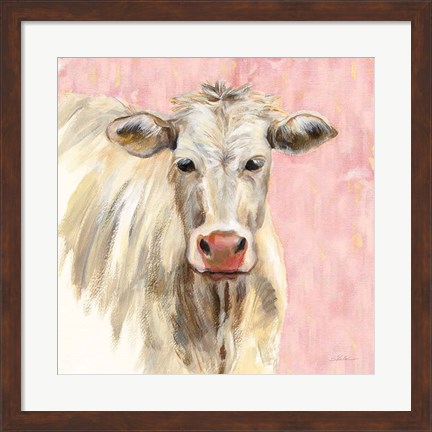 Framed White Cow on Pink Print