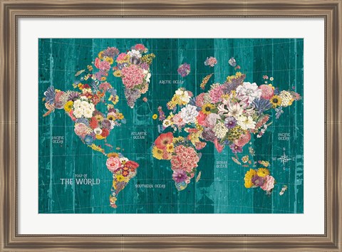 Framed Botanical Floral Map Words Aqua Print