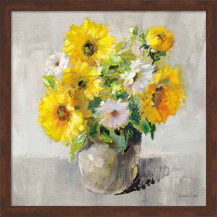 Framed Sunflower Still Life I on Gray Print