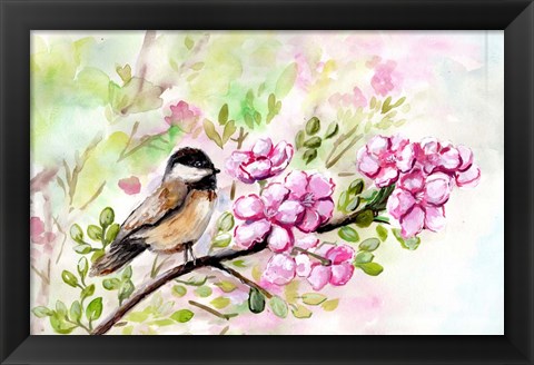 Framed Spring Chickadee and Apple Blossoms Print