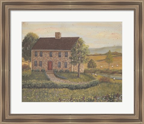 Framed Stone House with Wild Flowers Print