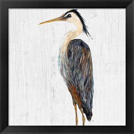 Framed Heron On Whitewash I Print