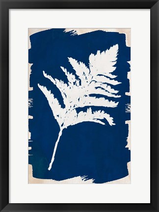 Framed White Leaf on Navy I Print