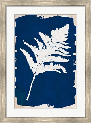 Framed White Leaf on Navy I Print