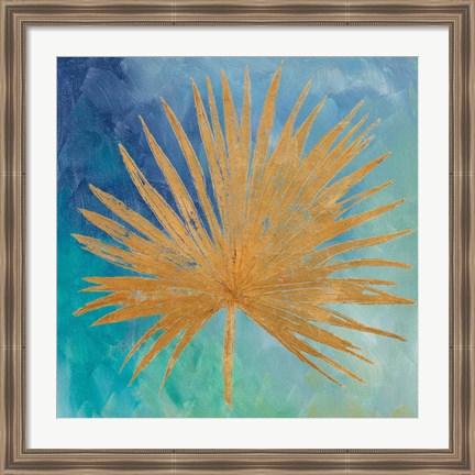 Framed Teal Gold Leaf Palm I Print