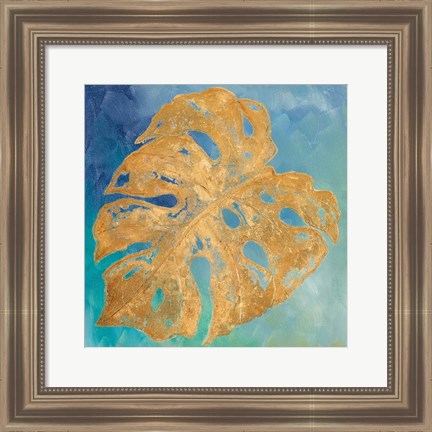 Framed Teal Gold Leaf Palm II Print