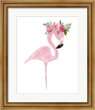 Framed Pink Floral Crown Flamingo Print