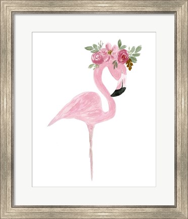 Framed Pink Floral Crown Flamingo Print