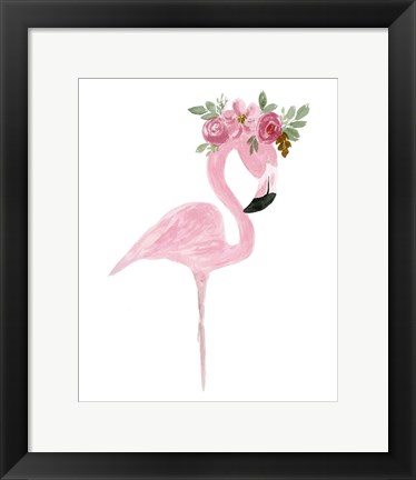 Framed Pink Floral Crown Flamingo Print