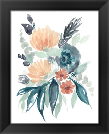 Framed Teal &amp; Peach Bouquet I Print